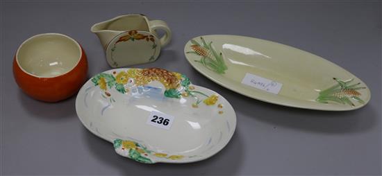 Two Clarice Cliff dishes, a bowl and a small jug